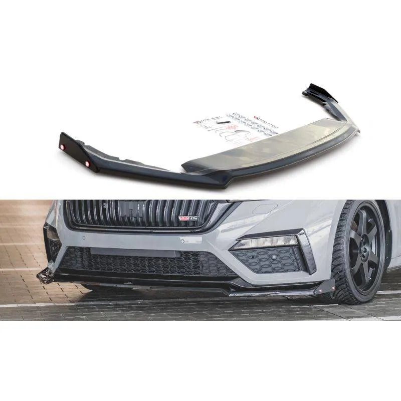 Maxton - Lame Du Pare-Chocs Avant V.2 + Ailerons Skoda Octavia RS Mk4 Noir Brillant